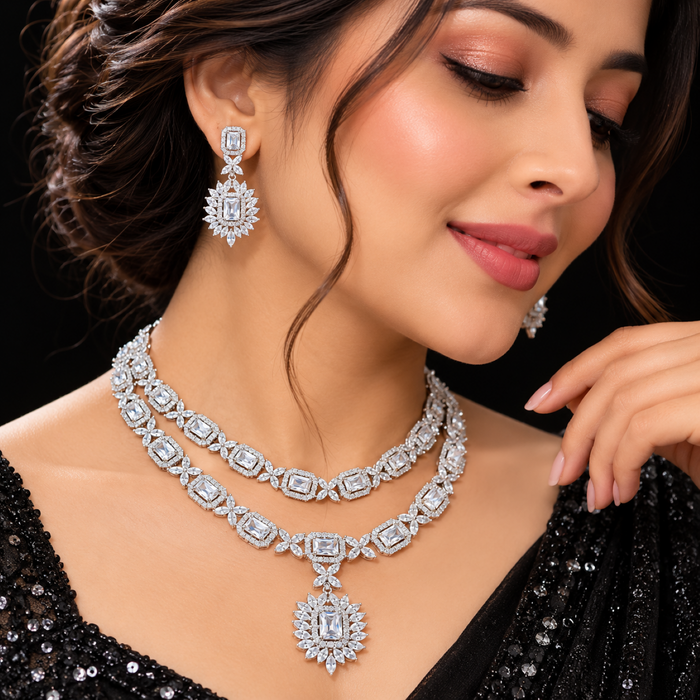 ✨ Double-Layered Artificial Diamond Necklace Set with Statement Pendant & Earrings