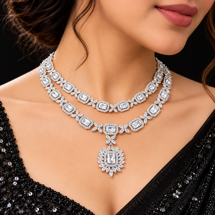 ✨ Double-Layered Artificial Diamond Necklace Set with Statement Pendant & Earrings