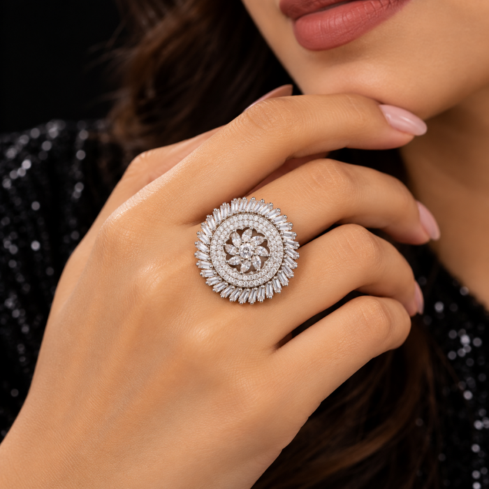 AD Crystal Statement Ring for Women | Floral Sunburst Cocktail Ring | Elegant Party & Occasion Jewelry