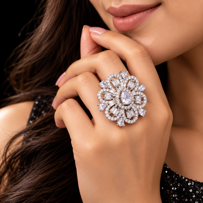 AD Adjustable Ring for Women | Elegant Floral Statement Ring with Teardrop Crystal | Luxury Party & Wedding Jewelry