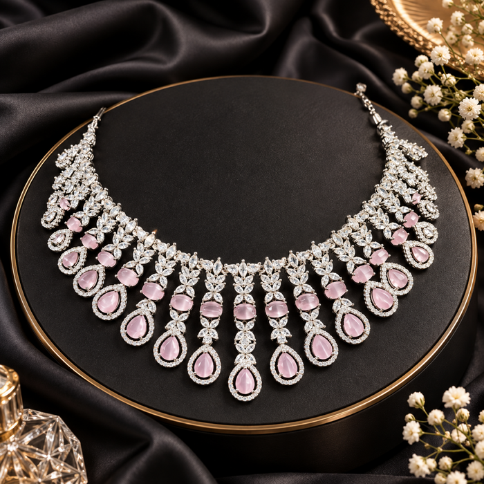 Elegant Pink Stone Necklace Set with Matching Earrings & Maang Tikka | Party & Bridal Jewellery