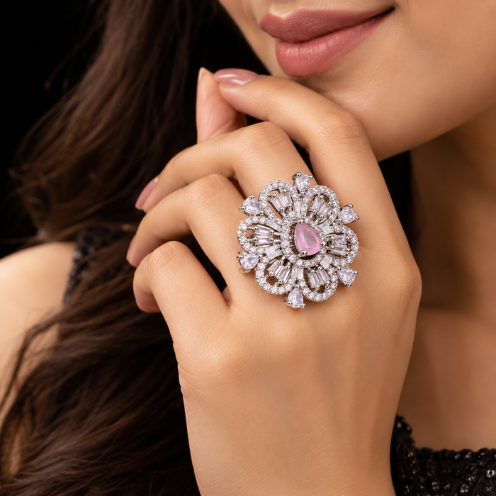 AD Adjustable Ring for Women | Pink Crystal Floral Statement Ring | Elegant Party & Wedding Jewelry