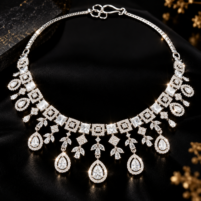 Silver Plated American Diamond Necklace Set