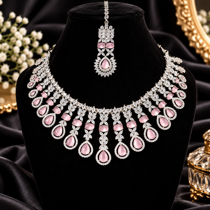 Elegant Pink Stone Necklace Set with Matching Earrings & Maang Tikka | Party & Bridal Jewellery