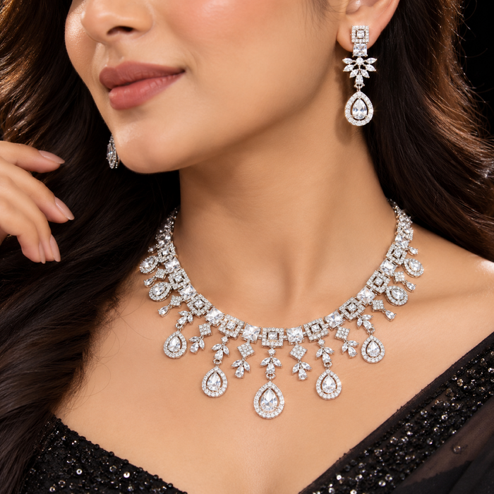 Silver Plated American Diamond Necklace Set