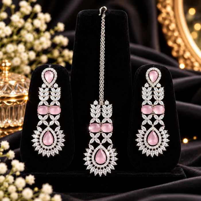 Elegant Pink Stone Necklace Set with Matching Earrings & Maang Tikka | Party & Bridal Jewellery
