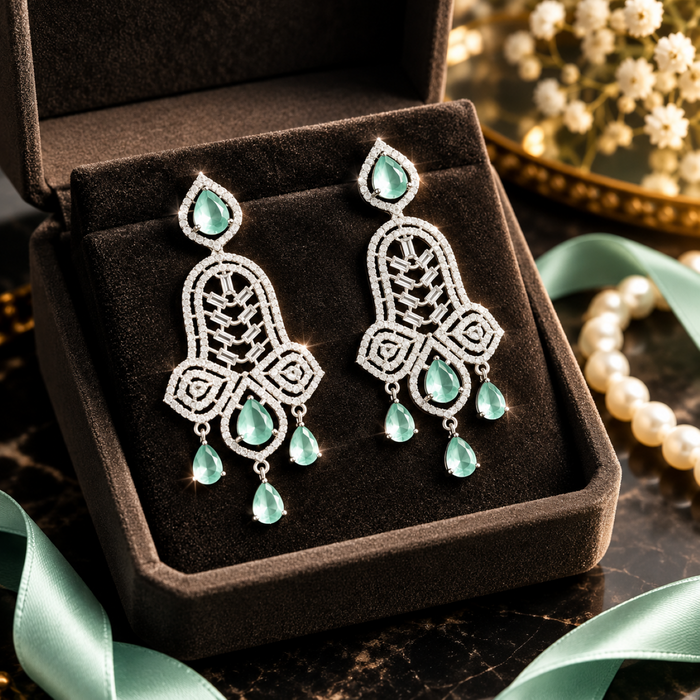 Aqua Green AD Stone Earrings for Women | Elegant Chandelier Drop Earrings | Crystal Studded Statement Earrings