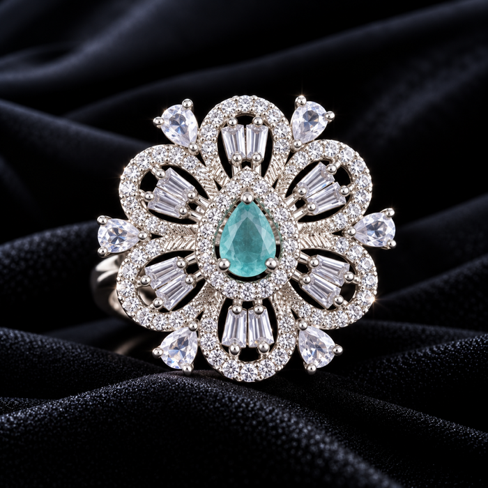 AD Adjustable Ring for Women | Emerald Green Stone Floral Statement Ring | Elegant Party & Occasion Jewelry