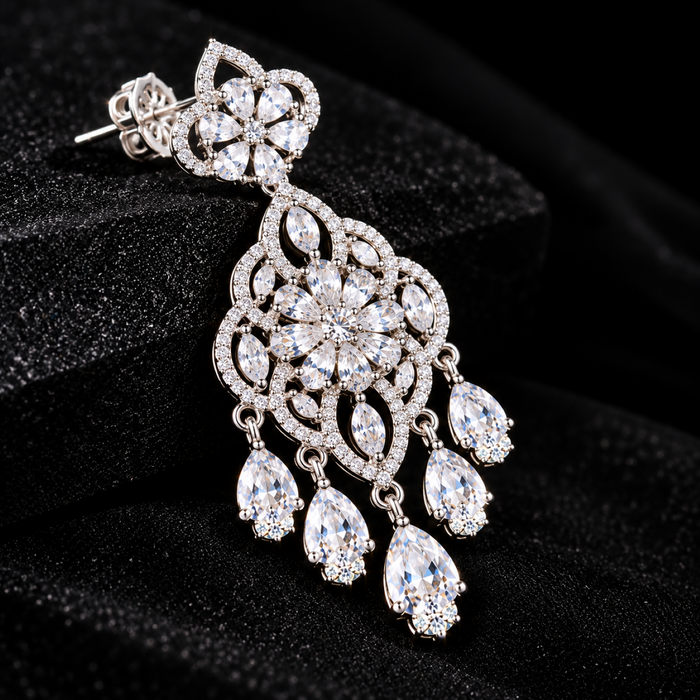 AD Crystal Chandelier Earrings for Women | Elegant Floral Drop Earrings | Statement Party & Wedding Jewelry