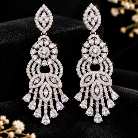 AD Crystal Chandelier Earrings for Women | Floral Statement Drop Earrings | Elegant Party & Wedding Jewelry