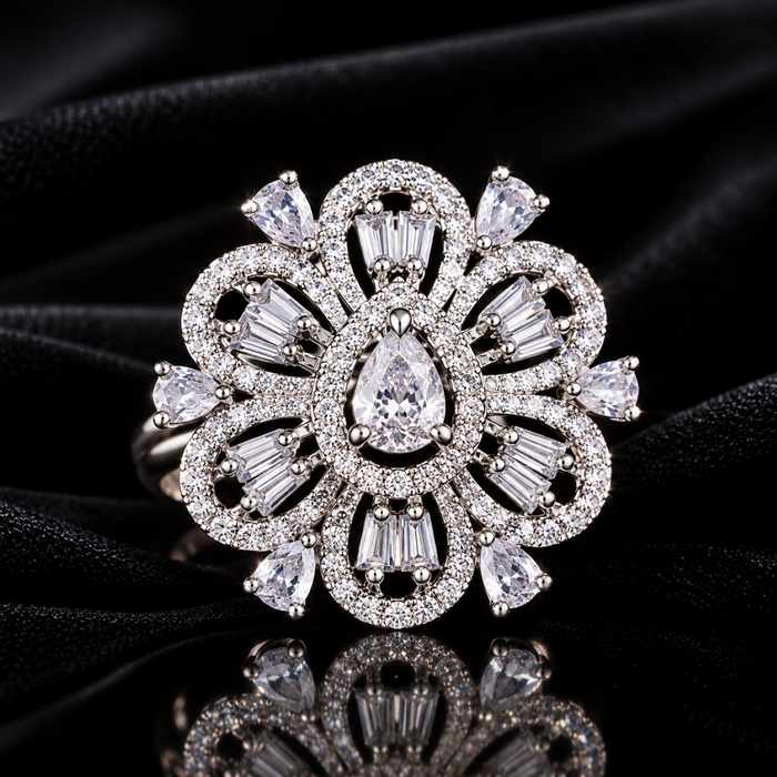 AD Adjustable Ring for Women | Elegant Floral Statement Ring with Teardrop Crystal | Luxury Party & Wedding Jewelry