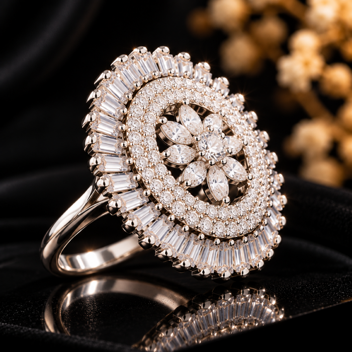 AD Crystal Statement Ring for Women | Floral Sunburst Cocktail Ring | Elegant Party & Occasion Jewelry