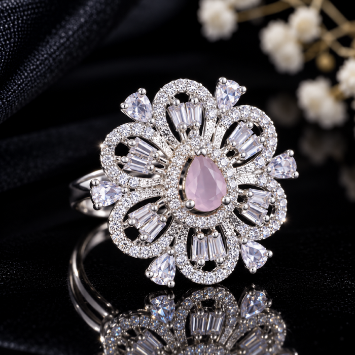 AD Adjustable Ring for Women | Pink Crystal Floral Statement Ring | Elegant Party & Wedding Jewelry