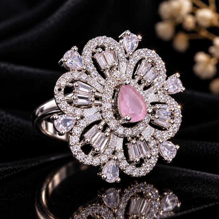 AD Adjustable Ring for Women | Pink Crystal Floral Statement Ring | Elegant Party & Wedding Jewelry
