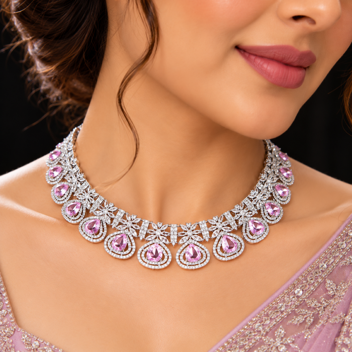 Elegant Pink & White Artificial Diamond Necklace Set with Earrings