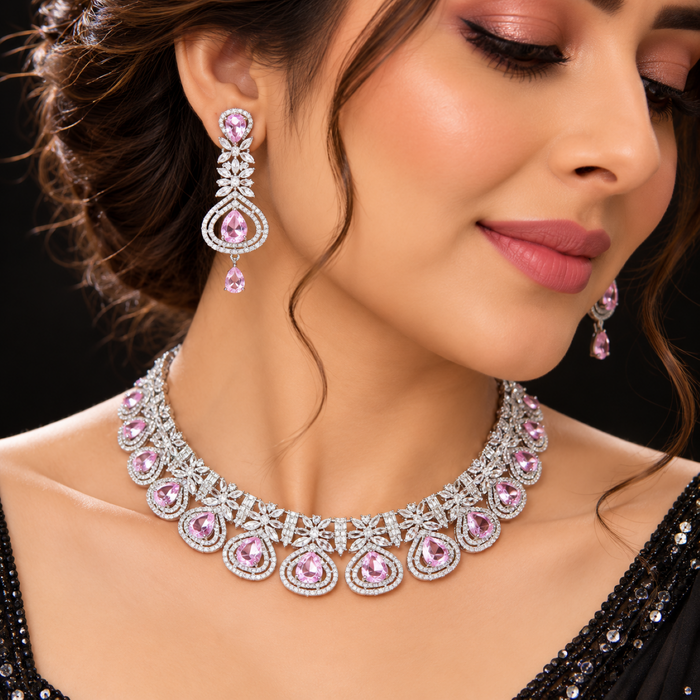 Elegant Pink & White Artificial Diamond Necklace Set with Earrings