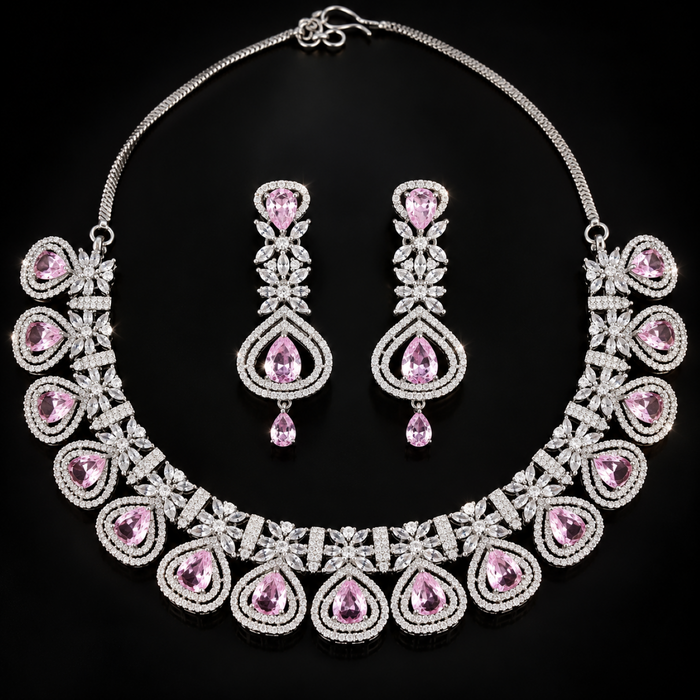 Elegant Pink & White Artificial Diamond Necklace Set with Earrings