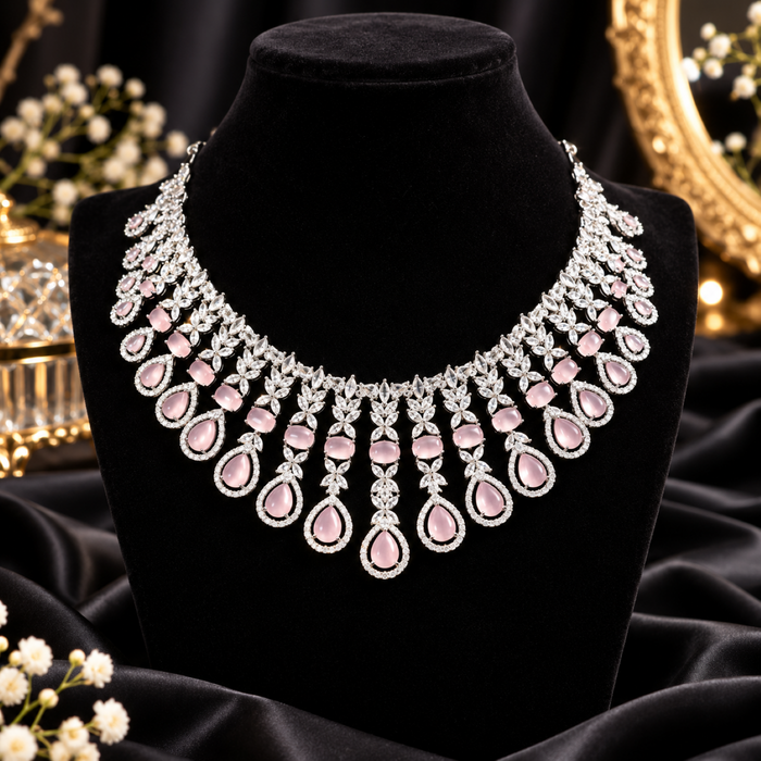 Elegant Pink Stone Necklace Set with Matching Earrings & Maang Tikka | Party & Bridal Jewellery