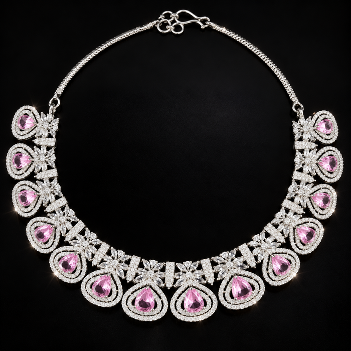 Elegant Pink & White Artificial Diamond Necklace Set with Earrings