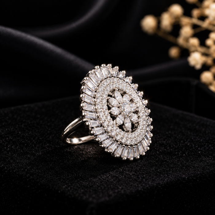 AD Crystal Statement Ring for Women | Floral Sunburst Cocktail Ring | Elegant Party & Occasion Jewelry