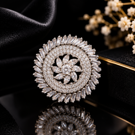 AD Crystal Statement Ring for Women | Floral Sunburst Cocktail Ring | Elegant Party & Occasion Jewelry
