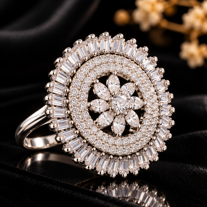 AD Crystal Statement Ring for Women | Floral Sunburst Cocktail Ring | Elegant Party & Occasion Jewelry