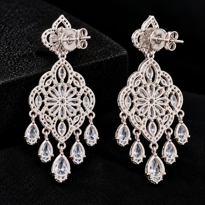 AD Crystal Chandelier Earrings for Women | Elegant Floral Drop Earrings | Statement Party & Wedding Jewelry