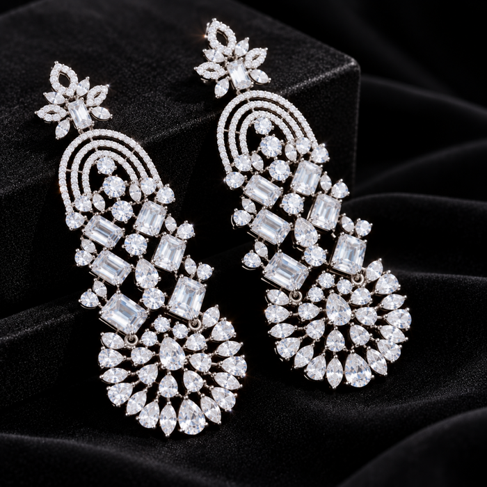 AD Crystal Chandelier Earrings for Women | Elegant Floral Drop Earrings | Statement Party & Wedding Jewelry