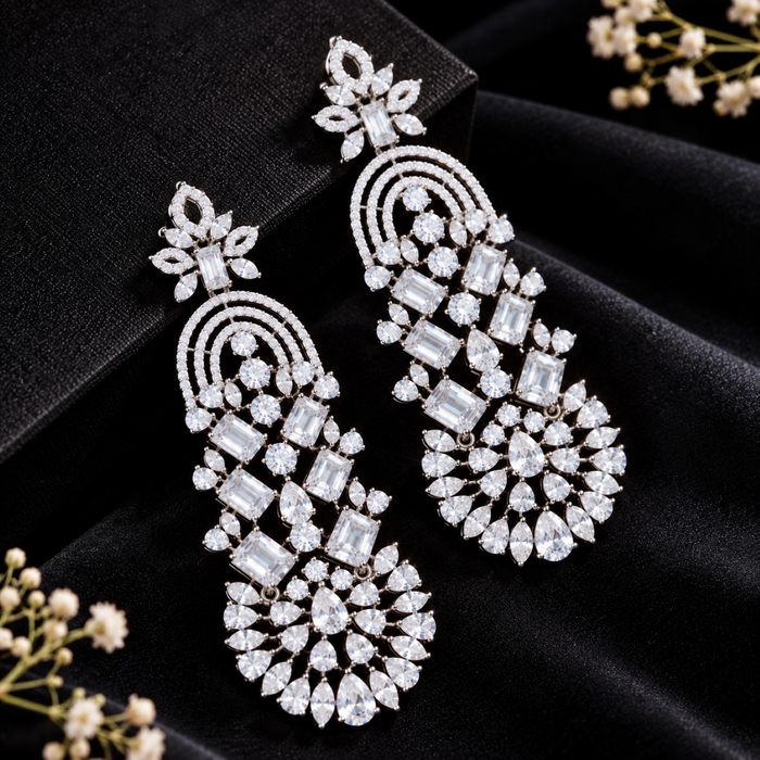 AD Crystal Chandelier Earrings for Women | Elegant Floral Drop Earrings | Statement Party & Wedding Jewelry