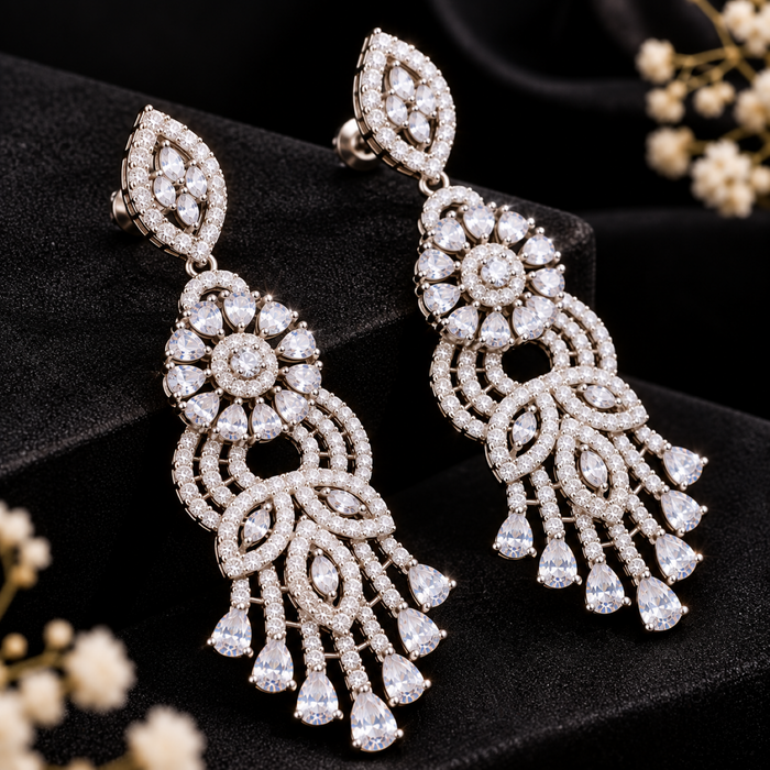 AD Crystal Chandelier Earrings for Women | Floral Statement Drop Earrings | Elegant Party & Wedding Jewelry