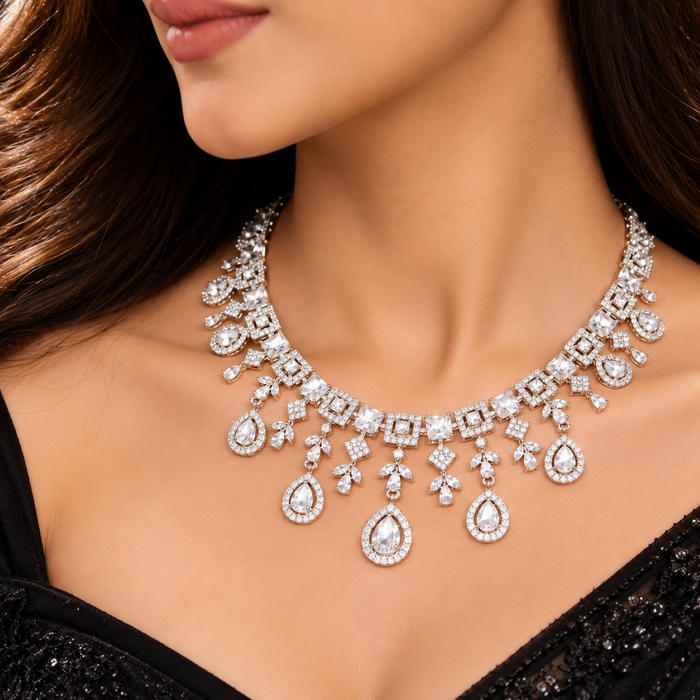 Silver Plated American Diamond Necklace Set