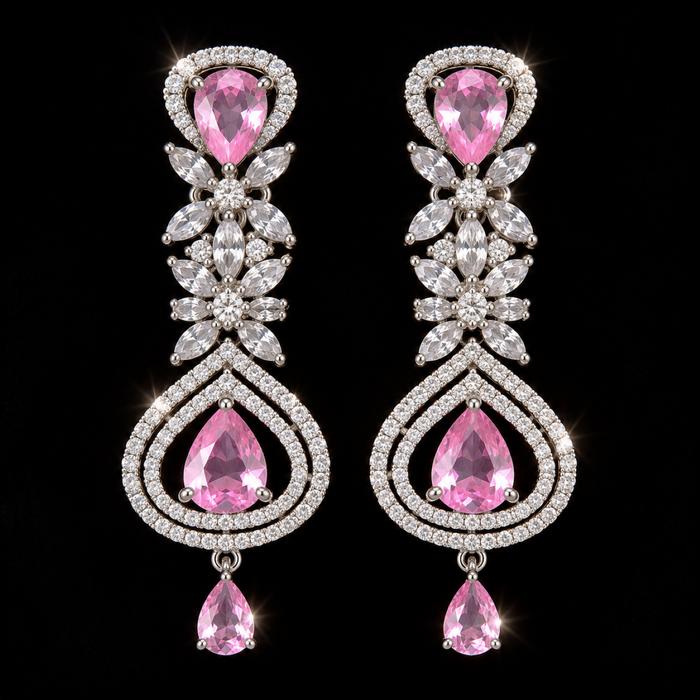 Elegant Pink & White Artificial Diamond Necklace Set with Earrings