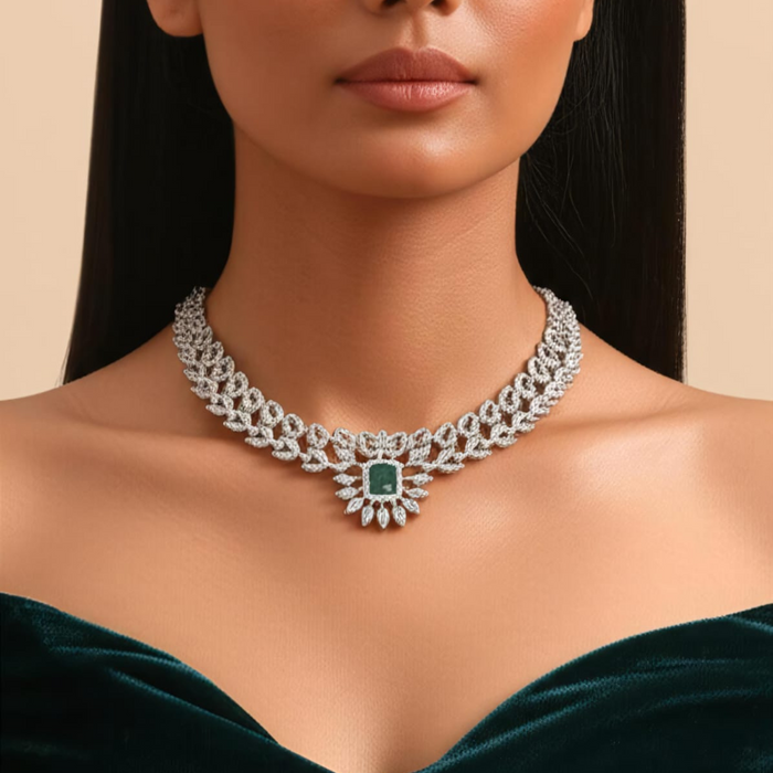 Silver Plated American Diamond Party Wear Necklace Set with Green & Pink Stone