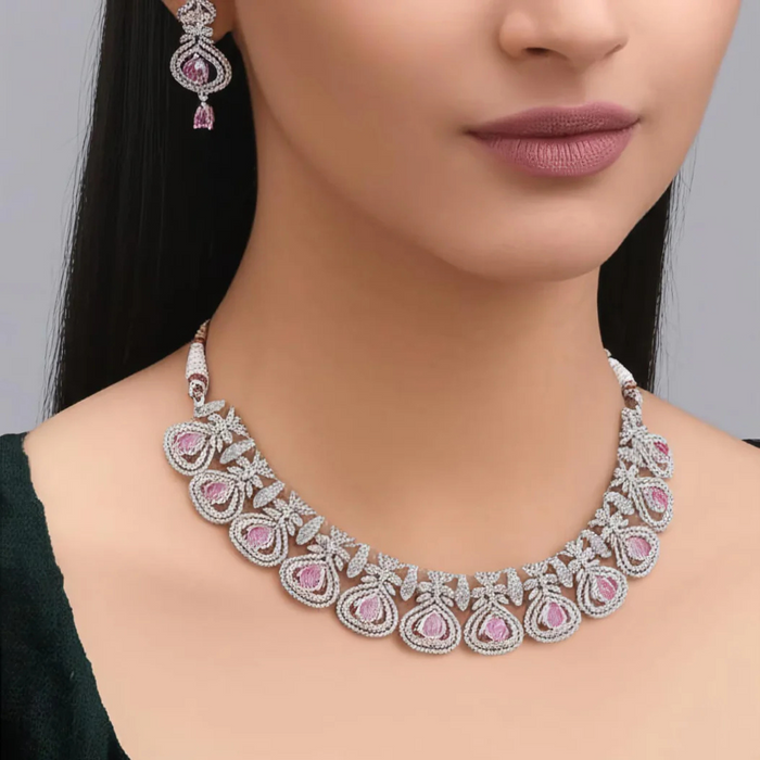 Elegant Pink & White Artificial Diamond Necklace Set with Earrings