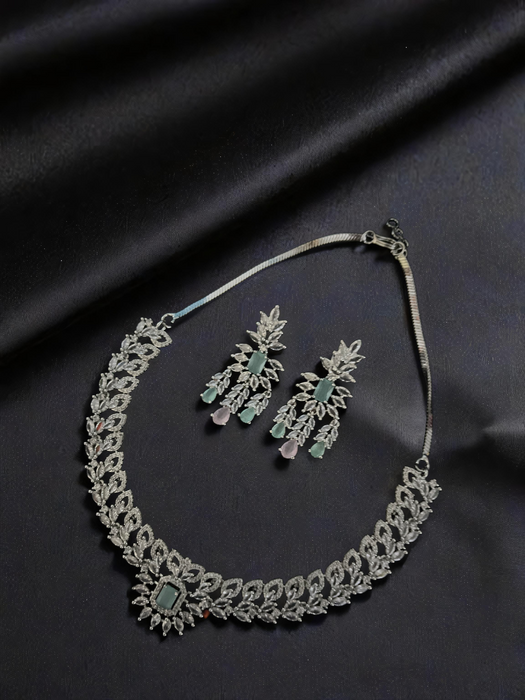 Silver Plated American Diamond Party Wear Necklace Set with Green & Pink Stone