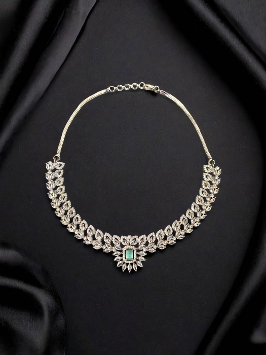Silver Plated American Diamond Party Wear Necklace Set with Green & Pink Stone