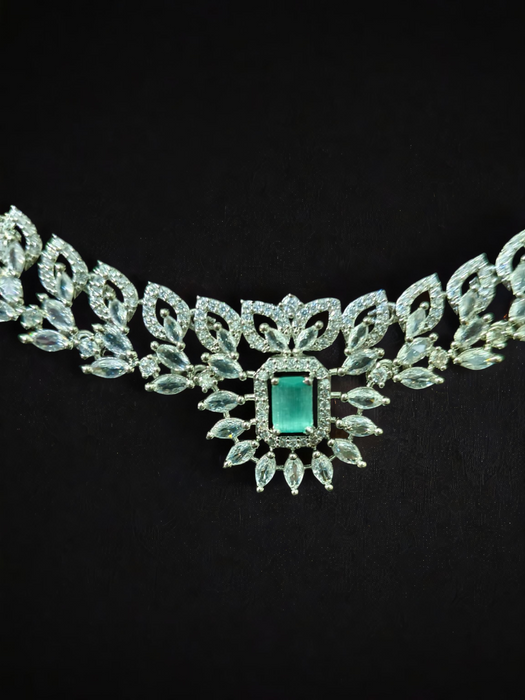 Silver Plated American Diamond Party Wear Necklace Set with Green & Pink Stone