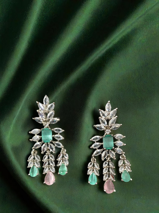 Silver Plated American Diamond Party Wear Necklace Set with Green & Pink Stone