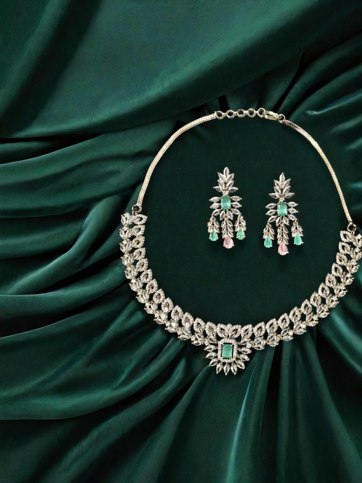 Silver Plated American Diamond Party Wear Necklace Set with Green & Pink Stone