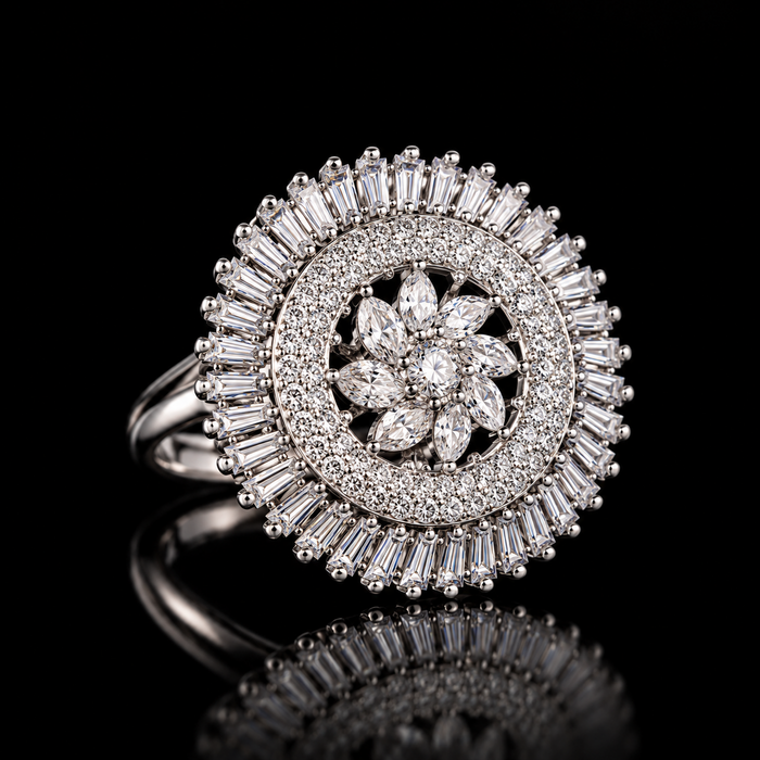 Elegant Adjustable AD Ring for Women – Floral Flower Design American Diamond Statement Ring